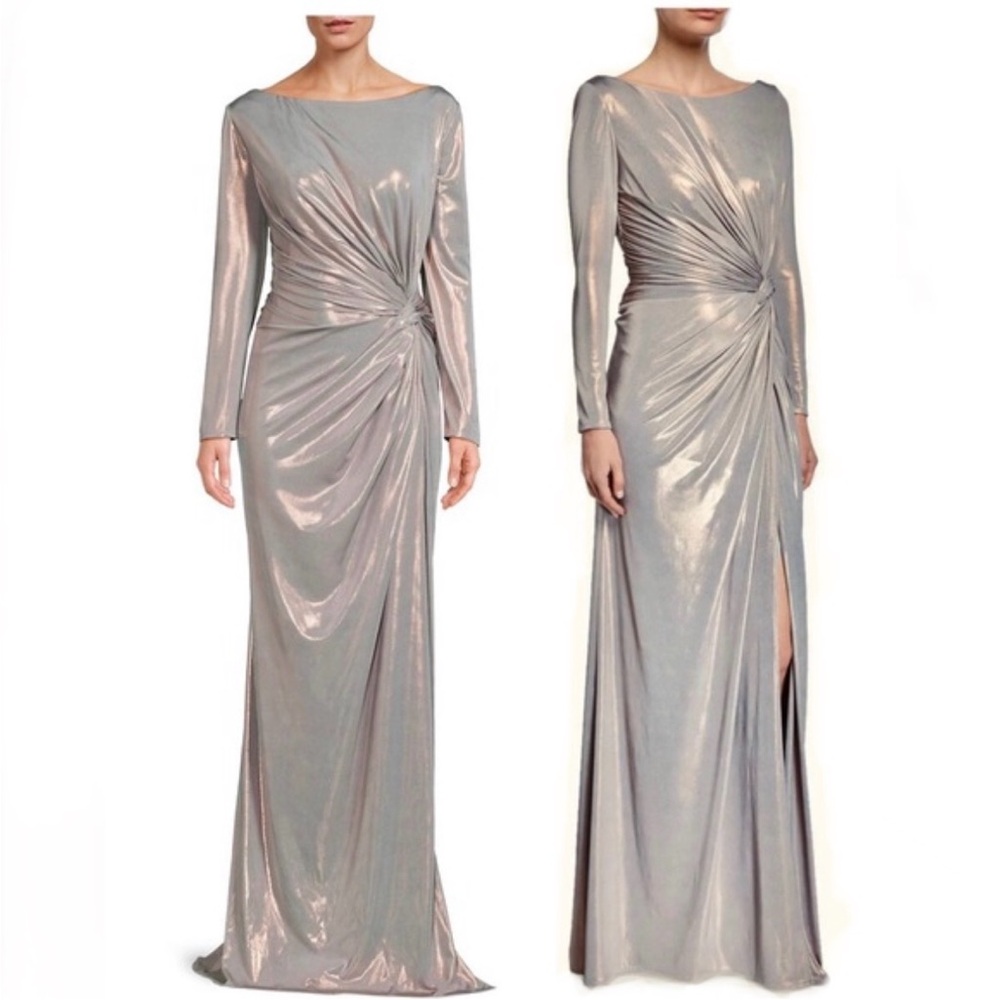 Rene Ruiz Collection Metallic Long-Sleeve Side Knot Column Gown - Neiman Marcus